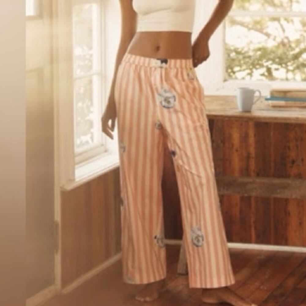 LyreBird Pansy Striped Wide Leg Floral High Waist Cotton Pants Pink Cream Size M